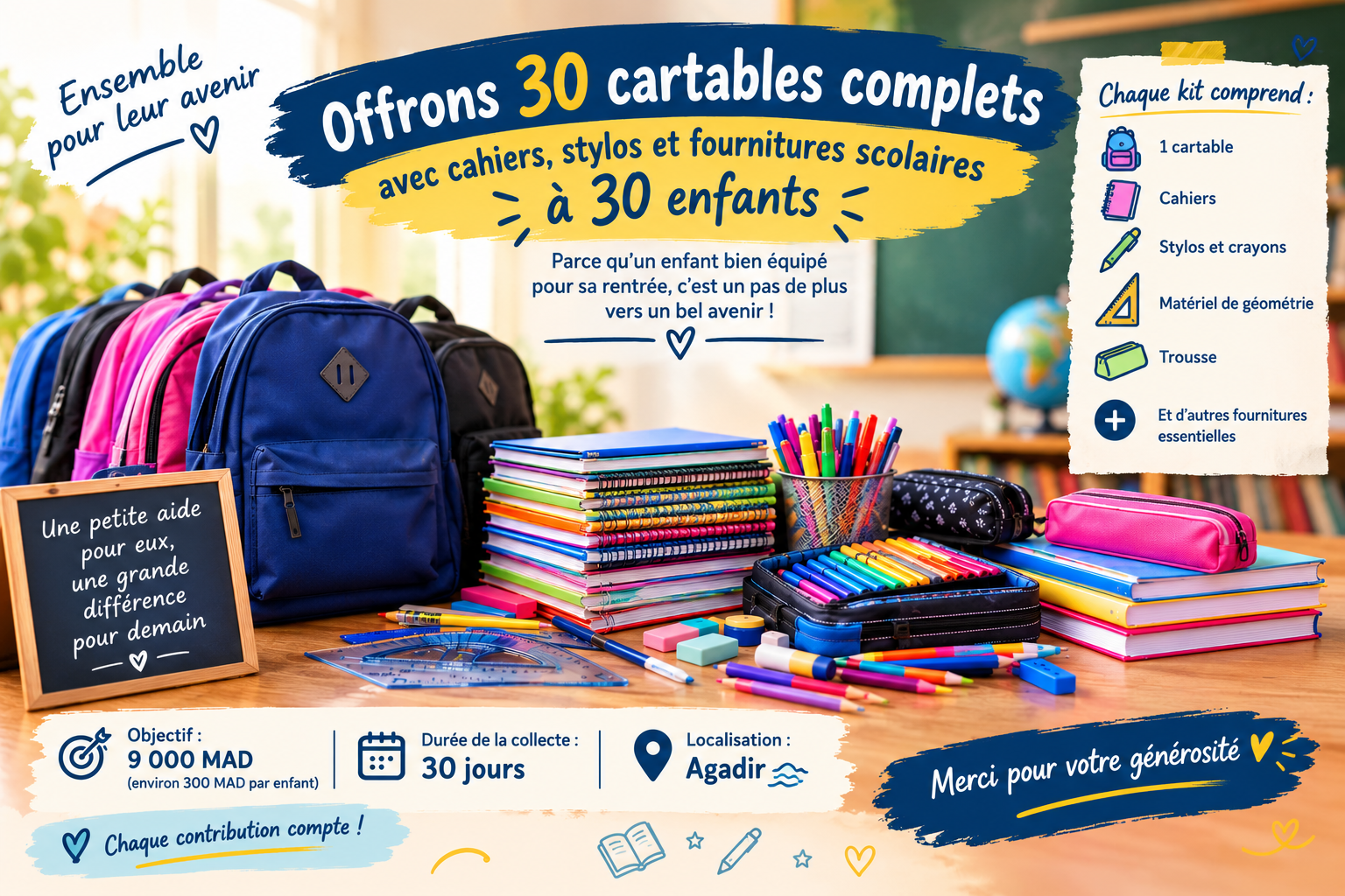 30 cartables complets avec fournitures pour 30 enfants à Agadir